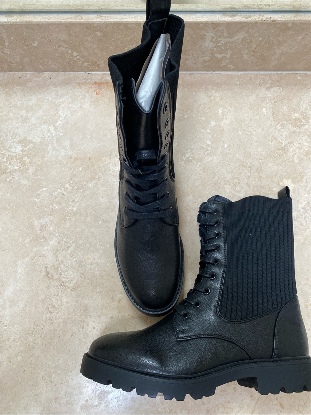 French Connection Black Lace-Up Combat Boots with Ribbed Chelsea Gusset NIB